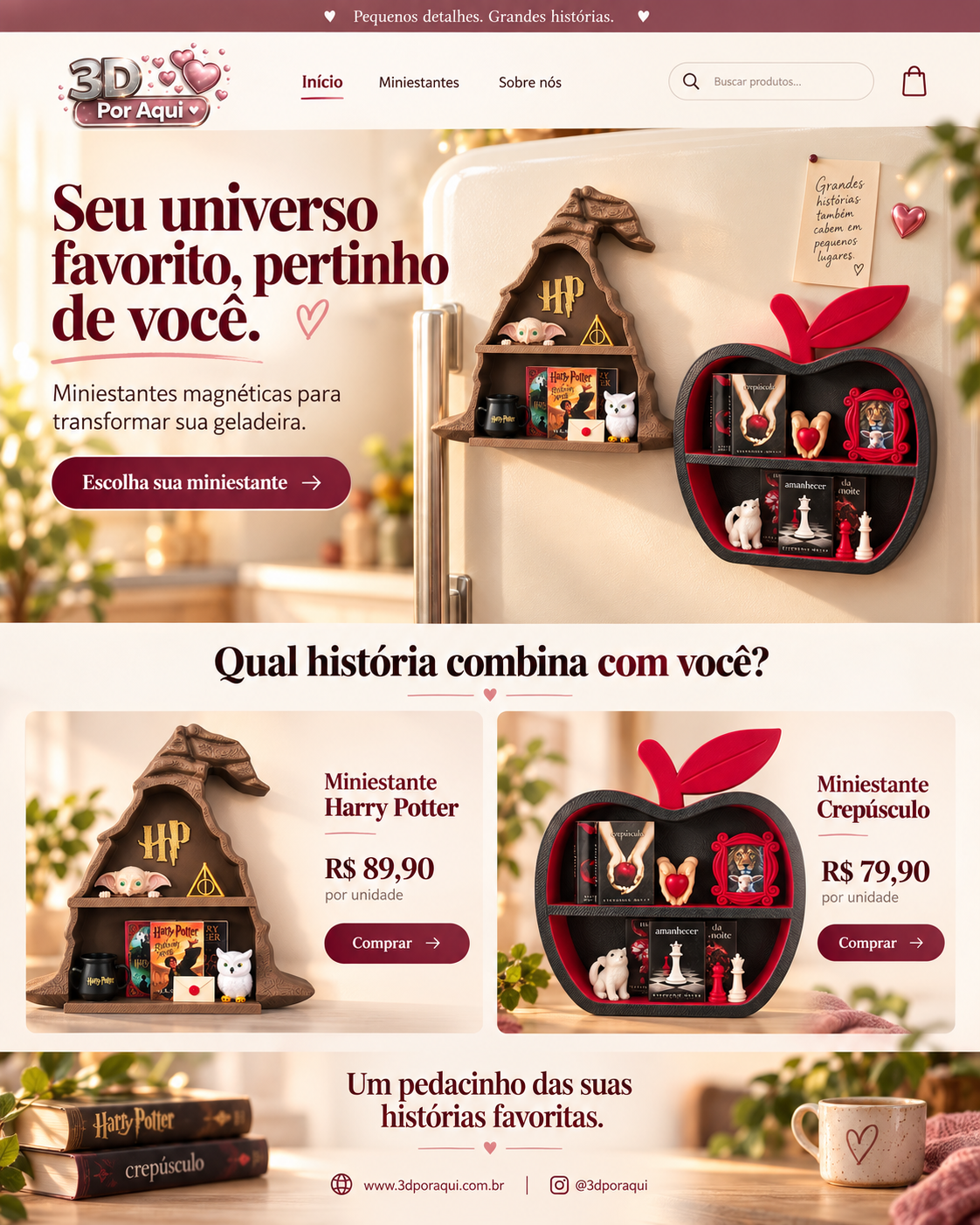 Ambientação ilustrativa das miniestantes Harry Potter e Crepúsculo em uma geladeira